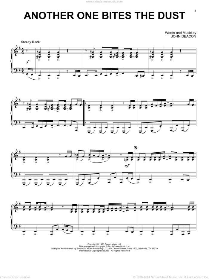 Another One Bites The Dust, (intermediate) sheet music for piano solo by Queen, Miscellaneous and John Deacon, intermediate skill level