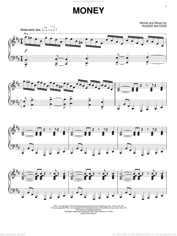 Money, (intermediate) sheet music for piano solo by Pink Floyd and Roger Waters, intermediate skill level