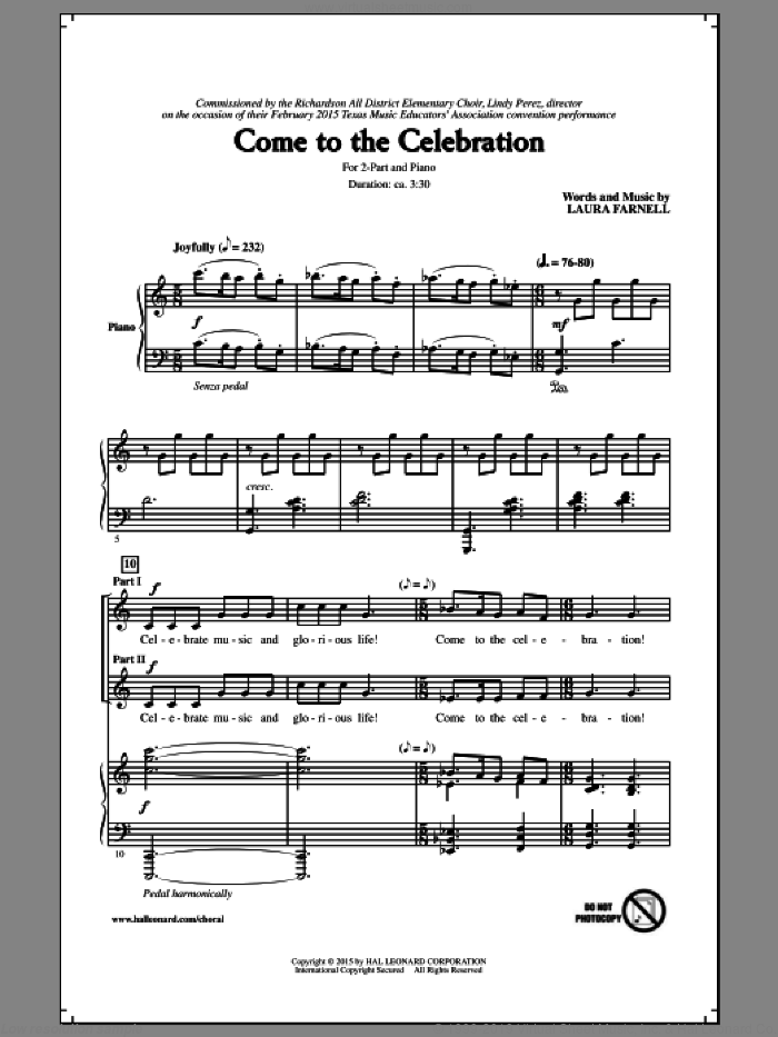 Come To The Celebration sheet music for choir (2-Part) by Laura Farnell, intermediate duet