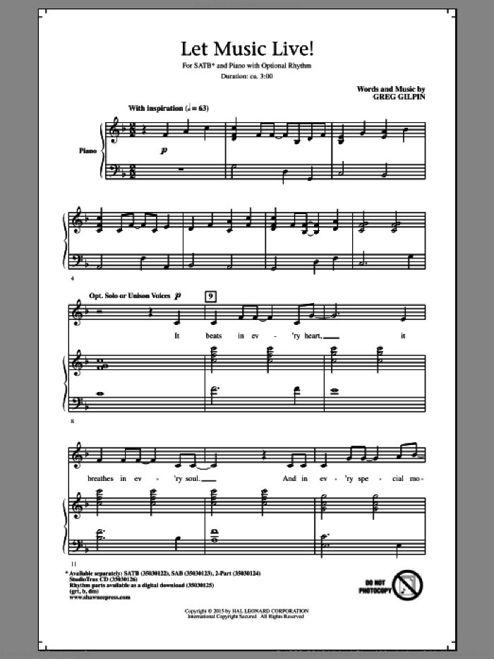Let Music Live sheet music for choir (SATB: soprano, alto, tenor, bass) by Greg Gilpin, intermediate skill level