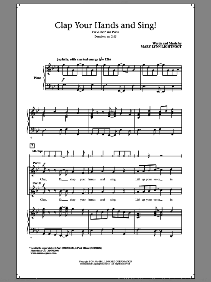 Clap Your Hands And Sing! sheet music for choir (2-Part) by Mary Lynn Lightfoot, intermediate duet