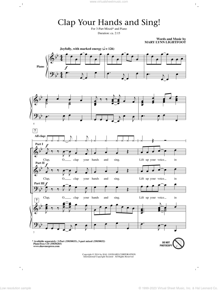 Clap Your Hands And Sing! sheet music for choir (3-Part Mixed) by Mary Lynn Lightfoot, intermediate skill level