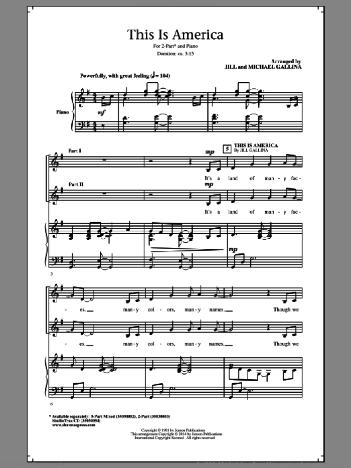 This Is America sheet music for choir (2-Part) by Samuel Augustus Ward, Jill and Michael Gallina and Katherine Lee Bates, intermediate duet