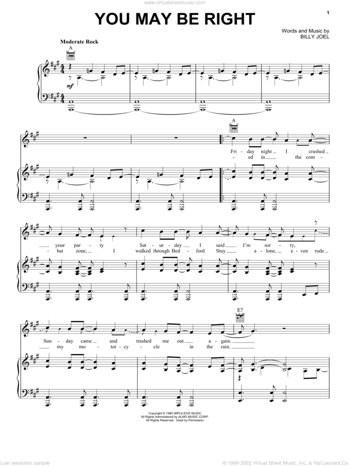 You May Be Right sheet music for voice, piano or guitar by Billy Joel, intermediate skill level