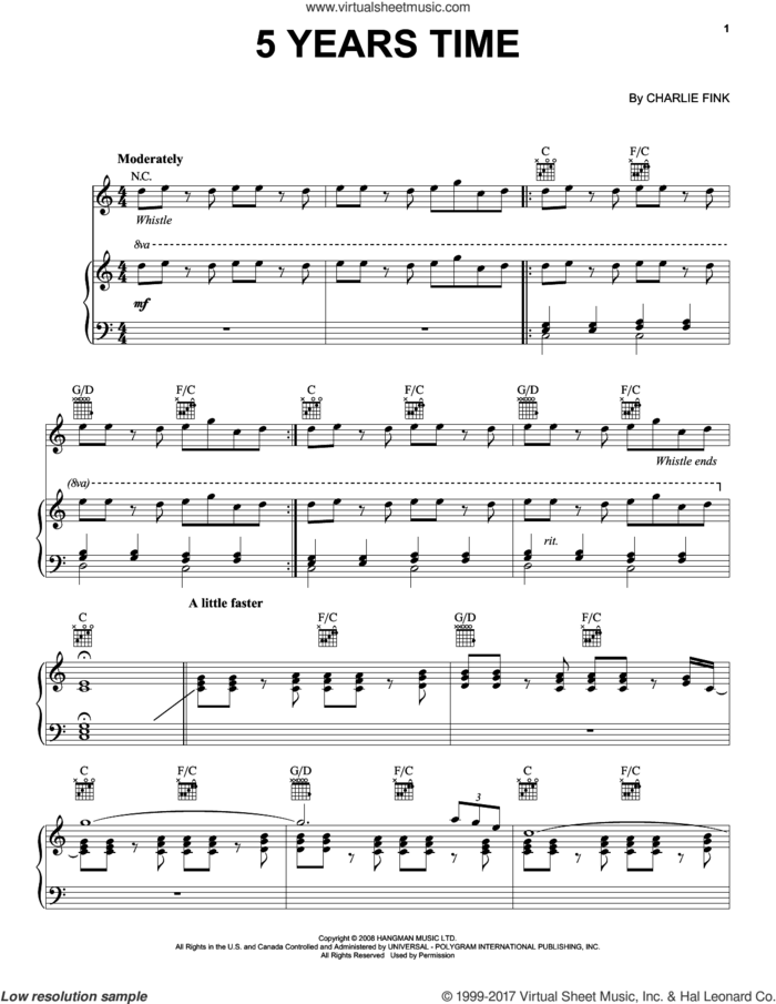 5 Years Time sheet music for voice, piano or guitar by Noah And The Whale and Charlie Fink, intermediate skill level