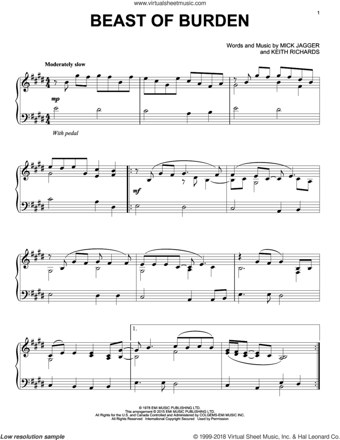 Beast Of Burden sheet music for piano solo by The Rolling Stones, Bette Midler, Keith Richards and Mick Jagger, intermediate skill level