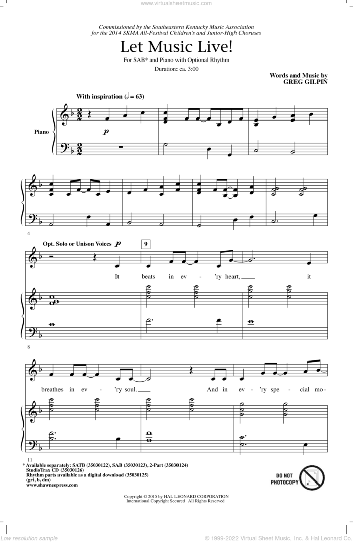Let Music Live sheet music for choir (SAB: soprano, alto, bass) by Greg Gilpin, intermediate skill level