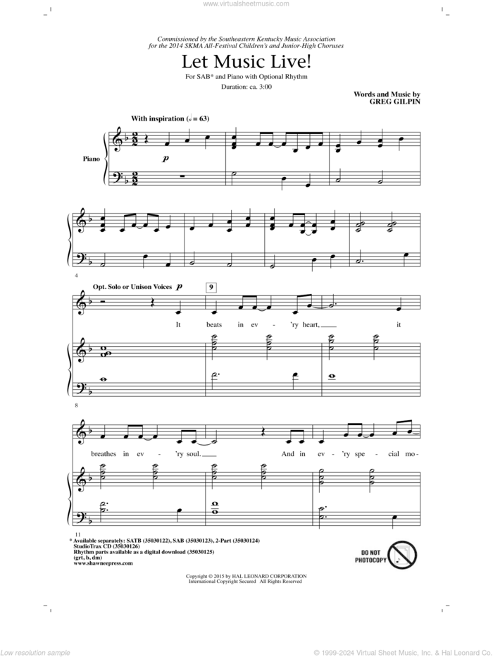 Let Music Live sheet music for choir (SAB: soprano, alto, bass) by Greg Gilpin, intermediate skill level