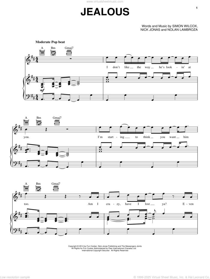 Jealous sheet music for voice, piano or guitar by Nick Jonas, Nolan Lambroza and Simon Wilcox, intermediate skill level