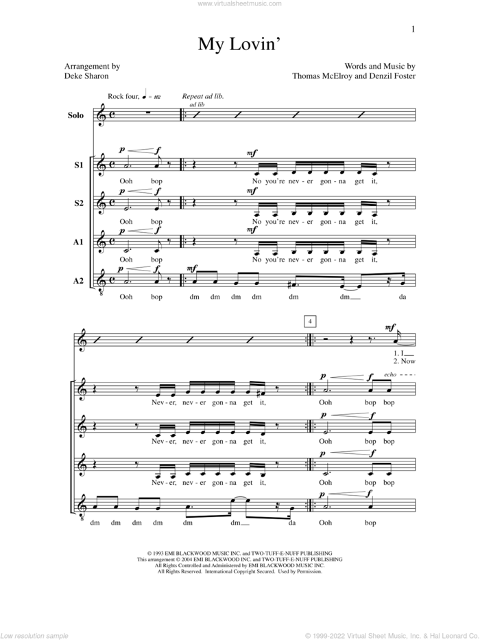 My Lovin' sheet music for choir (SSAA: soprano, alto) by Deke Sharon, Anne Raugh, Denzil Foster, En Vogue and Thomas McElroy, intermediate skill level