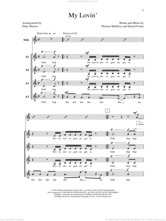 My Lovin' sheet music for choir (SSAA: soprano, alto) by Deke Sharon, Anne Raugh, Denzil Foster, En Vogue and Thomas McElroy, intermediate skill level