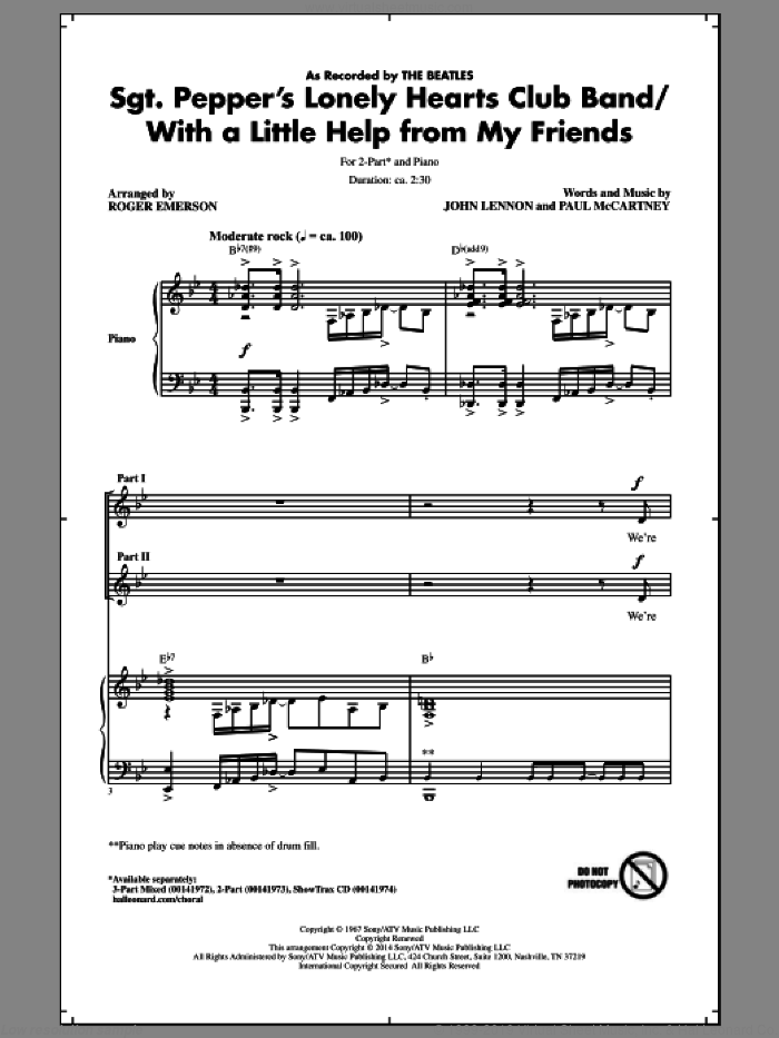 Sgt. Pepper's Lonely Hearts Club Band sheet music for choir (2-Part) by Roger Emerson, John Lennon, Paul McCartney and The Beatles, intermediate duet