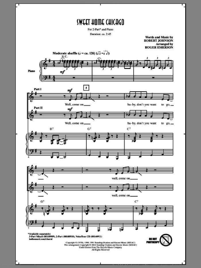 Sweet Home Chicago sheet music for choir (2-Part) by Roger Emerson, Robert Johnson and The Blues Brothers, intermediate duet