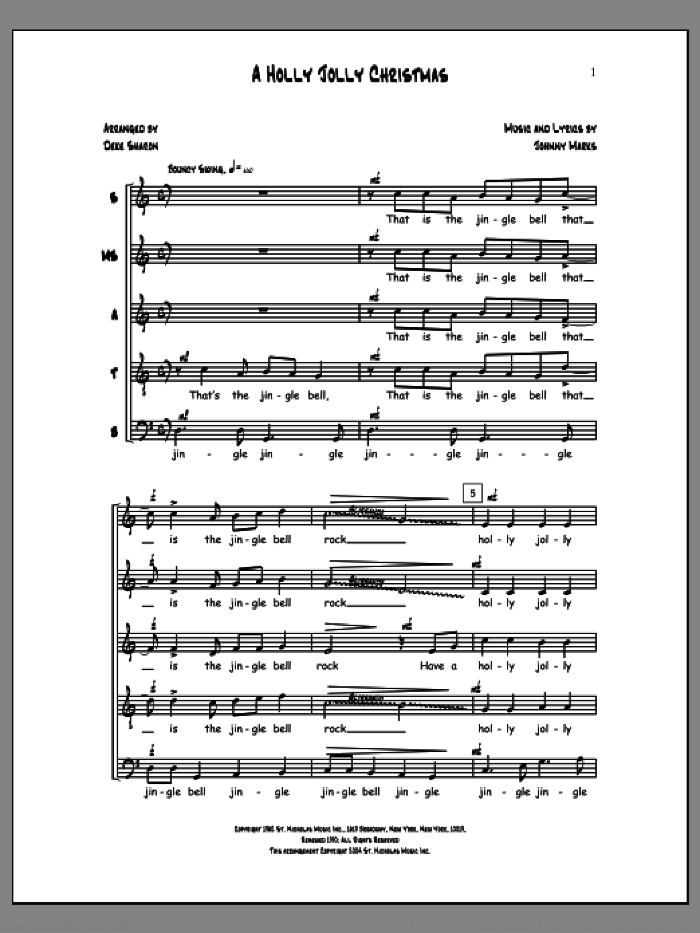 A Holly Jolly Christmas sheet music for choir (SATB: soprano, alto, tenor, bass) by Deke Sharon, Anne Raugh and Johnny Marks, intermediate skill level