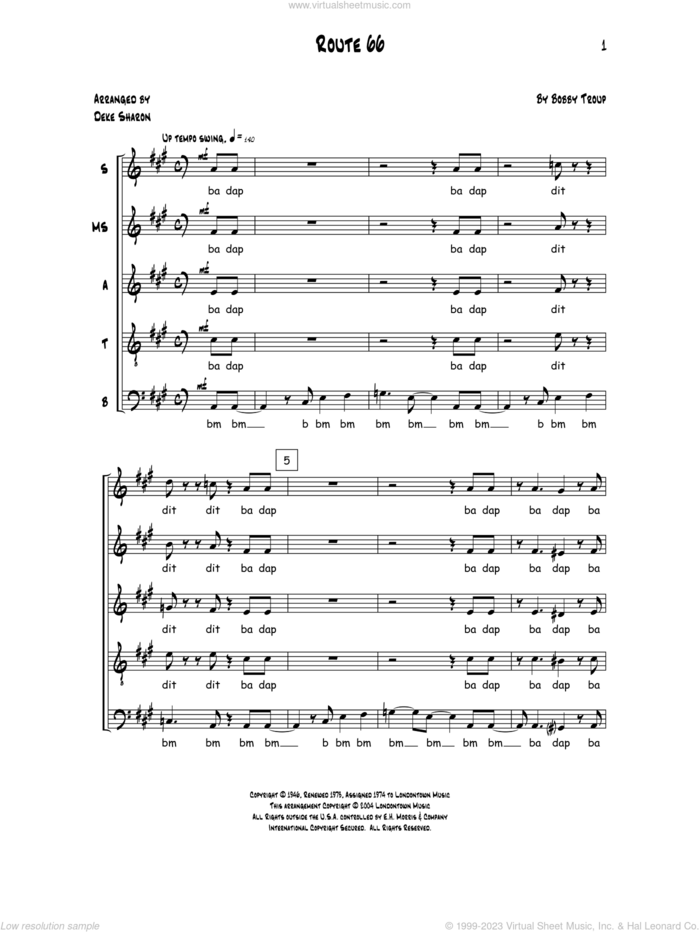 Route 66 sheet music for choir (SSATB) by Deke Sharon, Anne Raugh and Bobby Troup, intermediate skill level
