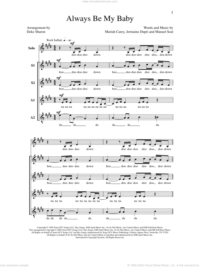 Always Be My Baby sheet music for choir (SSAA: soprano, alto) by Deke Sharon, Anne Raugh, Jermaine Dupri, Manuel Seal and Mariah Carey, intermediate skill level