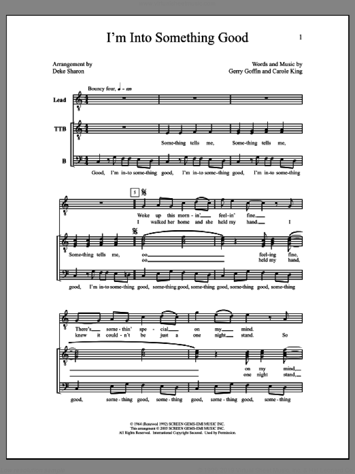 I'm into Something Good sheet music for choir (TTBB: tenor, bass) by Deke Sharon, Anne Raugh, Carole King and Gerry Goffin, intermediate skill level