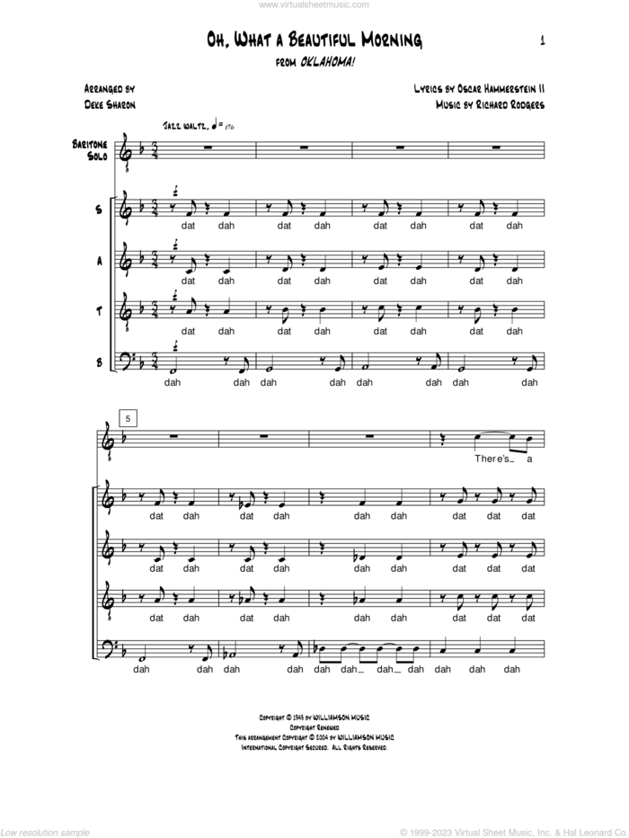 Oh, What a Beautiful Morning sheet music for choir (SATB: soprano, alto, tenor, bass) by Deke Sharon, Anne Raugh, Oscar II Hammerstein and Richard Rodgers, intermediate skill level