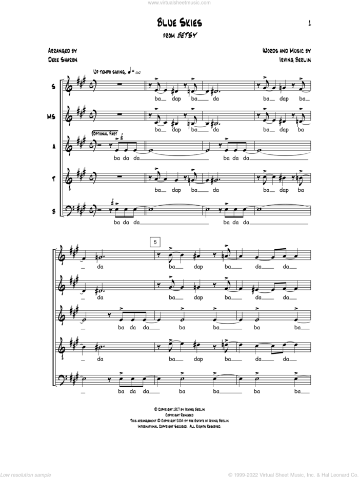 Blue Skies sheet music for choir (SSATB) by Deke Sharon, Anne Raugh and Irving Berlin, intermediate skill level