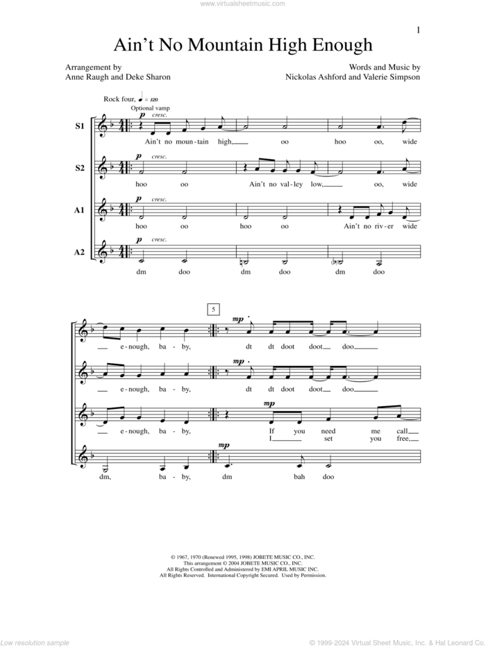 Ain't No Mountain High Enough (arr. Deke Sharon) sheet music for choir (SSAA: soprano, alto) by Nickolas Ashford, Deke Sharon, Anne Raugh, Marvin Gaye & Tammi Terrell and Valerie Simpson, intermediate skill level