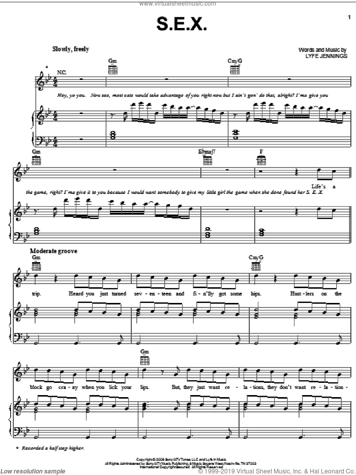 S.E.X. sheet music for voice, piano or guitar by Lyfe Jennings, intermediate skill level