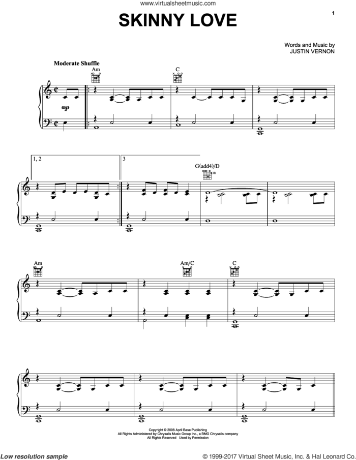 Skinny Love sheet music for voice, piano or guitar by Bon Iver and Justin Vernon, classical score, intermediate skill level
