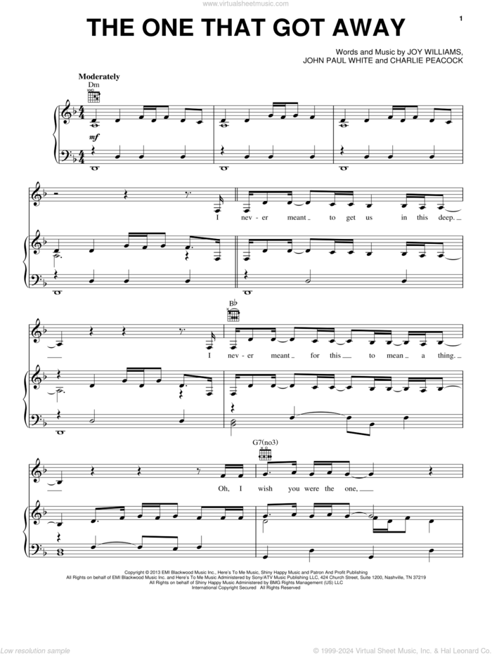 The One That Got Away sheet music for voice, piano or guitar by The Civil Wars, Charlie Peacock, John Paul White and Joy Williams, intermediate skill level
