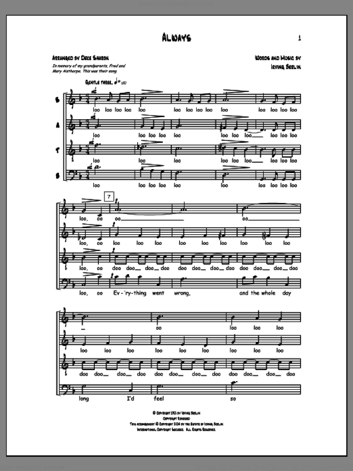 Always sheet music for choir (SATB: soprano, alto, tenor, bass) by Deke Sharon, Anne Raugh and Irving Berlin, intermediate skill level
