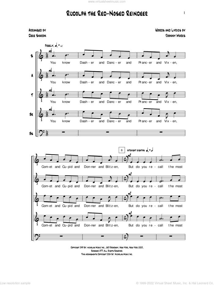 Rudolph The Red-Nosed Reindeer sheet music for choir (SATBB) by Deke Sharon, Anne Raugh and Johnny Marks, intermediate skill level