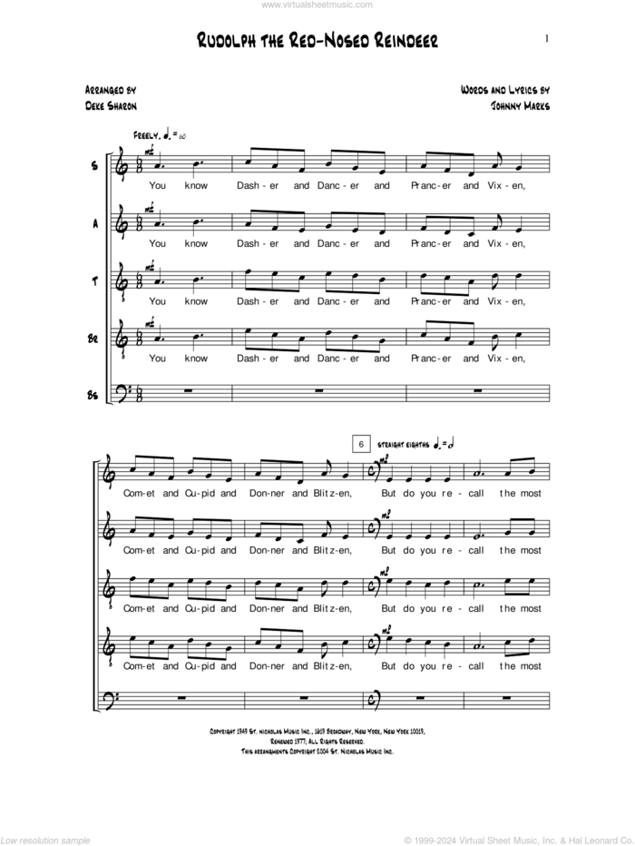 Rudolph The Red-Nosed Reindeer sheet music for choir (SATBB) by Deke Sharon, Anne Raugh and Johnny Marks, intermediate skill level