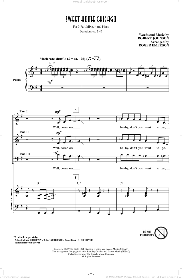 Sweet Home Chicago sheet music for choir (3-Part Mixed) by Roger Emerson, Robert Johnson and The Blues Brothers, intermediate skill level
