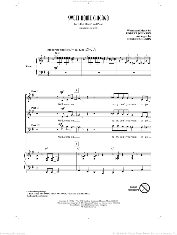 Sweet Home Chicago sheet music for choir (3-Part Mixed) by Roger Emerson, Robert Johnson and The Blues Brothers, intermediate skill level