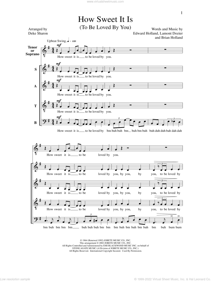 How Sweet It Is (To Be Loved by You) sheet music for choir (SATB: soprano, alto, tenor, bass) by Deke Sharon, Anne Raugh, Brian Holland, Eddie Holland and Lamont Dozier, intermediate skill level
