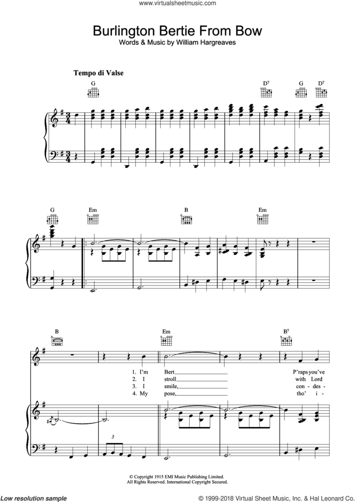 Burlington Bertie From Bow sheet music for voice, piano or guitar by Will Hargreaves, intermediate skill level