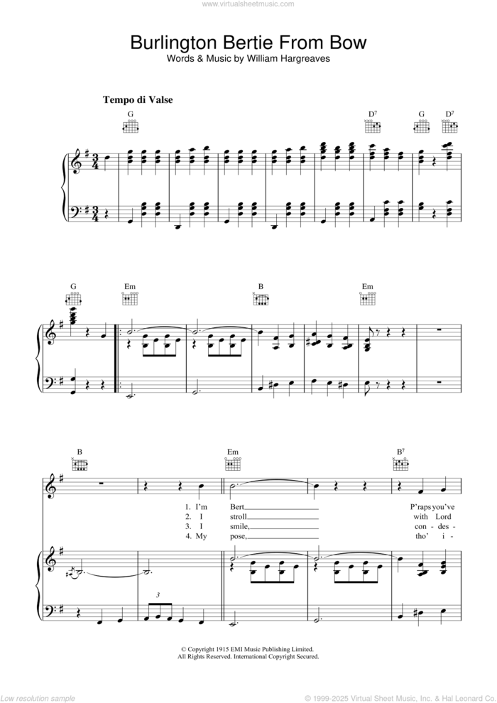 Burlington Bertie From Bow sheet music for voice, piano or guitar by Will Hargreaves, intermediate skill level