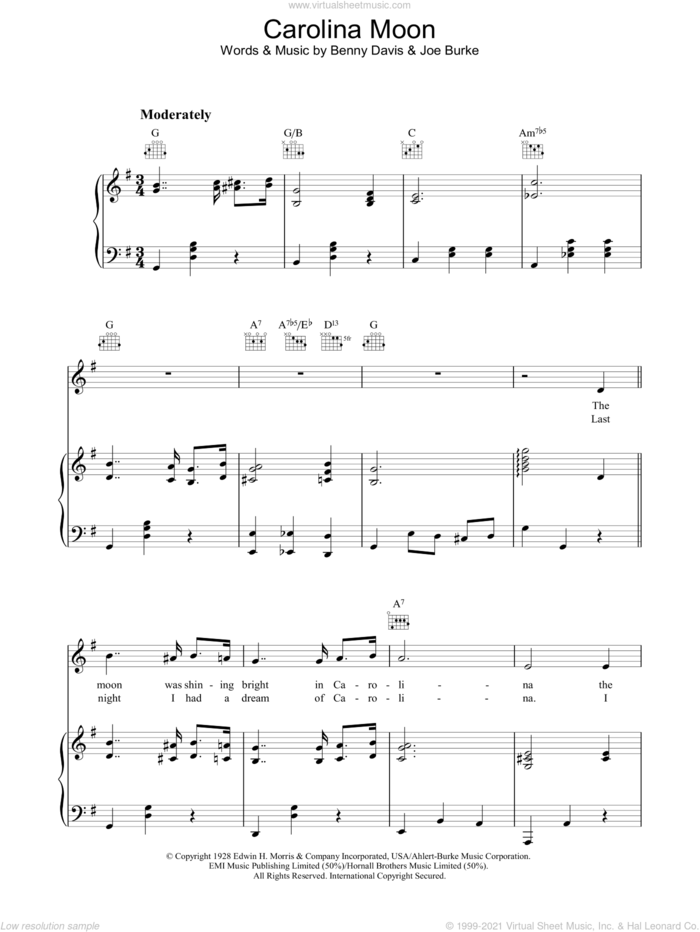 Carolina Moon sheet music for voice, piano or guitar by Benny Davis and Joe Burke, intermediate skill level
