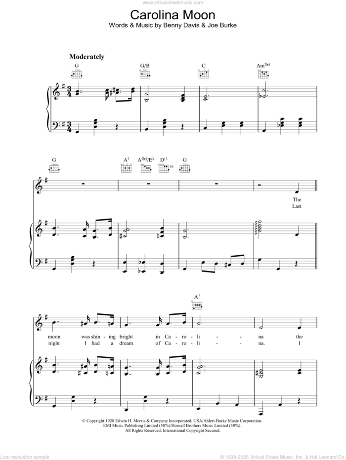 Carolina Moon sheet music for voice, piano or guitar by Benny Davis and Joe Burke, intermediate skill level