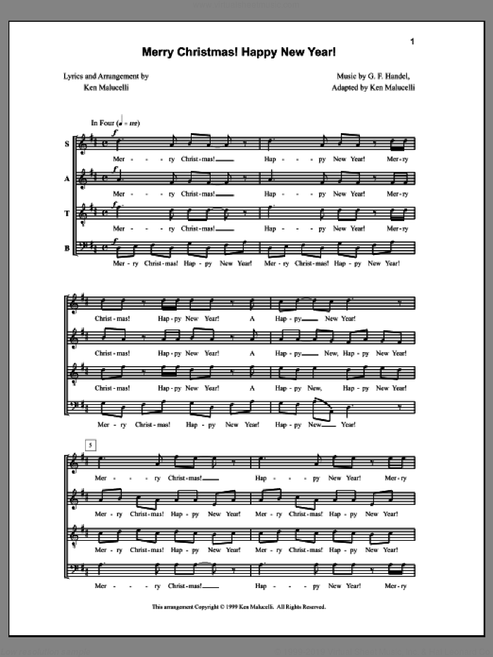 Merry Christmas! Happy New Year! sheet music for choir (SATB: soprano, alto, tenor, bass) by Anne Raugh, George Frideric Handel and Ken Malucelli, intermediate skill level