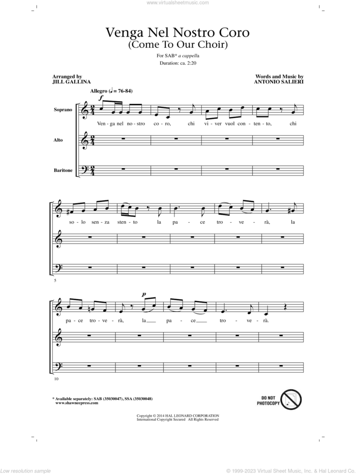 Venga Nel Nostro Coro sheet music for choir (SAB: soprano, alto, bass) by Jill Gallina and Antonio Salieri, intermediate skill level
