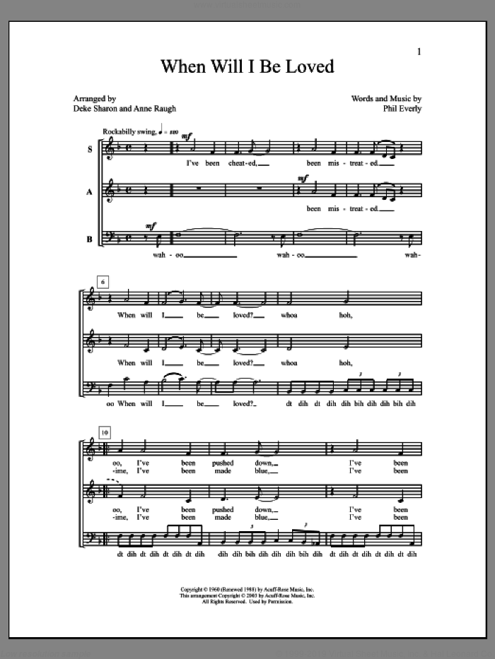 When Will I Be Loved sheet music for choir (SAB: soprano, alto, bass) by Deke Sharon, Anne Raugh and Phil Everly, intermediate skill level