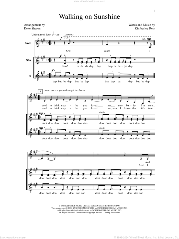 Walking on Sunshine sheet music for choir (SA) by Deke Sharon, Anne Raugh and Kinberley Rew, intermediate skill level