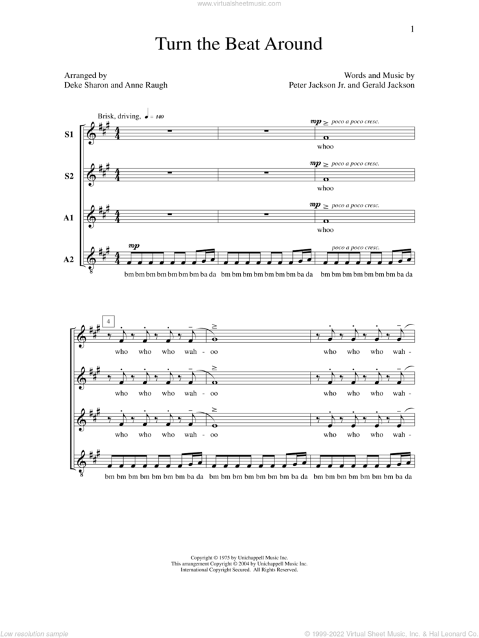 Turn The Beat Around (arr. Deke Sharon) sheet music for choir (SSAA: soprano, alto) by Deke Sharon, Anne Raugh, Gloria Estefan, Gerald Jackson and PeterJackson Jr., intermediate skill level