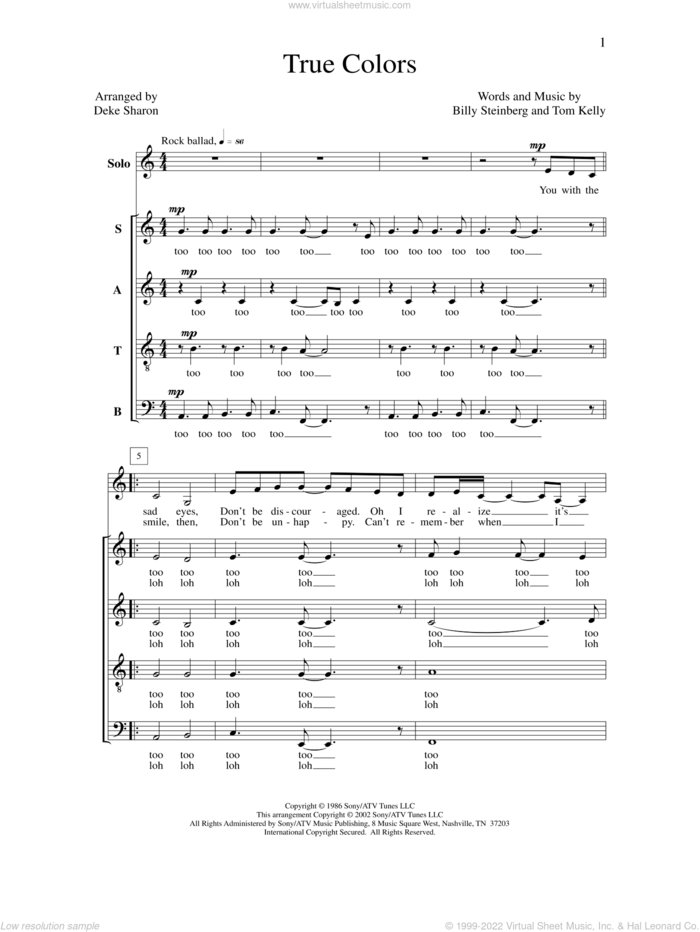 True Colors sheet music for choir (SATB: soprano, alto, tenor, bass) by Deke Sharon, Anne Raugh, Billy Steinberg, Cyndi Lauper and TomKelly, intermediate skill level
