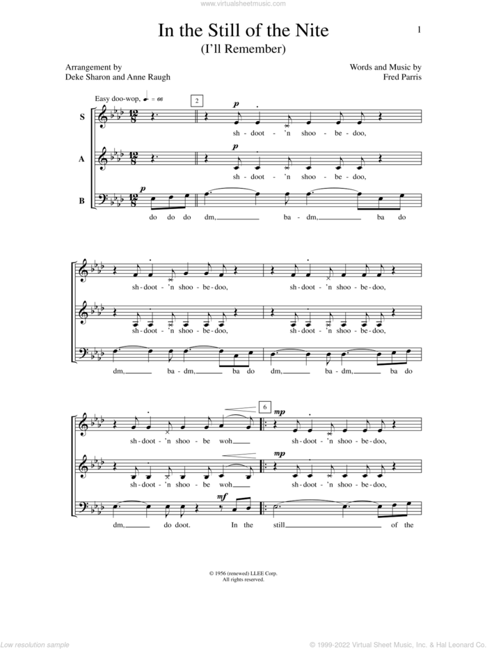 In The Still Of The Nite (I'll Remember) sheet music for choir (SAB: soprano, alto, bass) by Deke Sharon, Anne Raugh and Fred Parris, intermediate skill level