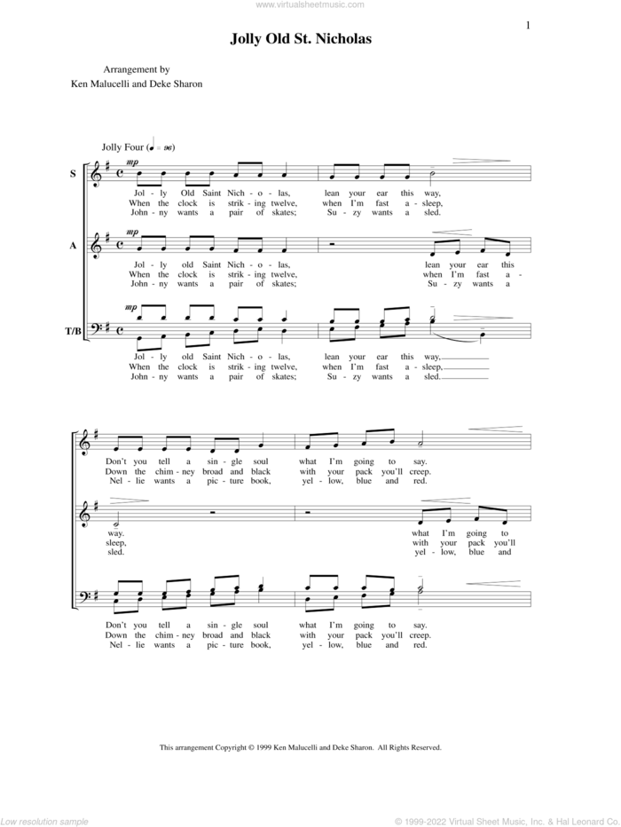 Jolly Old St. Nicholas sheet music for choir (SATB: soprano, alto, tenor, bass) by Deke Sharon, Anne Raugh and Ken Malucelli, intermediate skill level