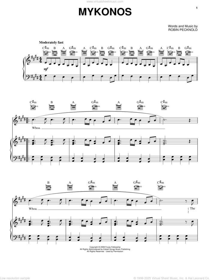 Mykonos sheet music for voice, piano or guitar by Fleet Foxes and Robin Pecknold, intermediate skill level