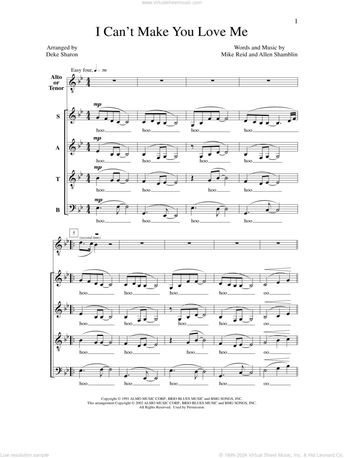 I Can't Make You Love Me sheet music for choir (SATB: soprano, alto, tenor, bass) by Deke Sharon, Allen Shamblin, Anne Raugh and Mike Reid, intermediate skill level