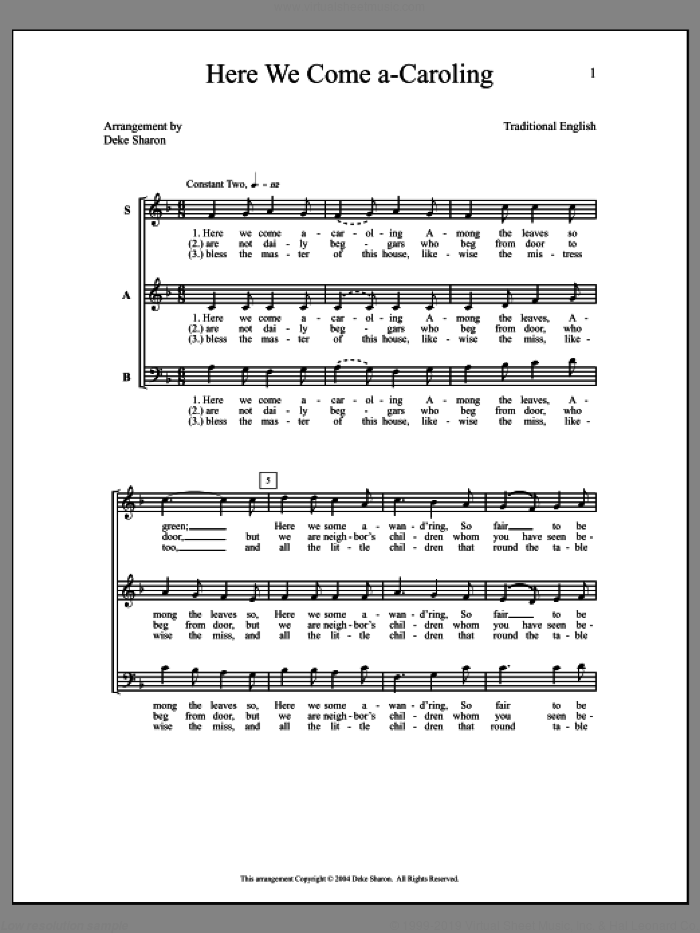 Here We Come A-Caroling sheet music for choir (SAB: soprano, alto, bass) by Deke Sharon and Anne Raugh, intermediate skill level