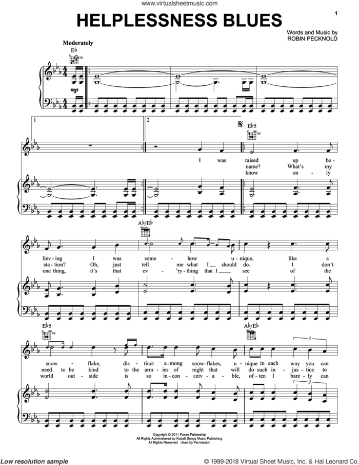 Helplessness Blues sheet music for voice, piano or guitar by Fleet Foxes and Robin Pecknold, intermediate skill level
