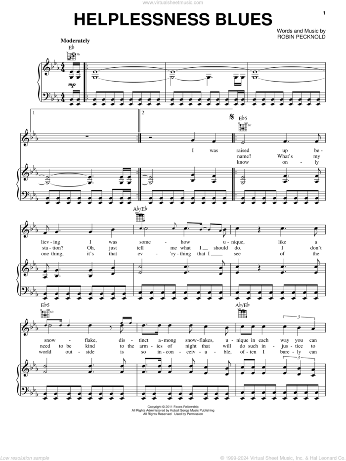 Helplessness Blues sheet music for voice, piano or guitar by Fleet Foxes and Robin Pecknold, intermediate skill level